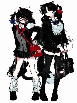 2girls absurdres animal_ears bag bag_charm black_bag black_eyes black_hair black_jacket black_shoes black_skirt black_thighhighs blazer blue_bow bow breasts buttons cat cat_ears character_charm charm_(object) chrollo_lucilfer collared_shirt cross_tattoo crossbody_bag earrings forehead_tattoo full_body genderswap genderswap_(mtf) hand_on_own_hip high-waist_skirt highres holding holding_bag hunter_x_hunter jacket jewelry kemonomimi_mode lapels large_breasts leg_warmers long_hair long_sleeves looking_at_viewer loose_socks mangmuze matching_outfits medium_breasts multiple_girls notched_lapels red-framed_eyewear red_bag semi-rimless_eyewear shirt shirt_tucked_in shizuku_murasaki shoes short_hair simple_background skindentation skirt smile socks standing tattoo thighhighs tuxedo_cat white_background white_leg_warmers white_shirt zettai_ryouiki