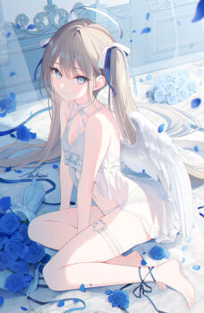 1girl absurdres angel_wings babydoll bare_arms bare_shoulders barefoot blue_eyes blue_flower blue_ribbon blue_rose blush breasts brown_hair cleavage closed_mouth commentary english_commentary feathered_wings flower full_body hair_between_eyes hair_ribbon halo heart heart_o-ring highres leg_ribbon long_hair looking_at_viewer navel o-ring o-ring_thigh_strap original panties ribbon rose signature sitting smile solo takimii thigh_strap underwear wariza white_babydoll white_halo white_panties white_ribbon white_wings wings