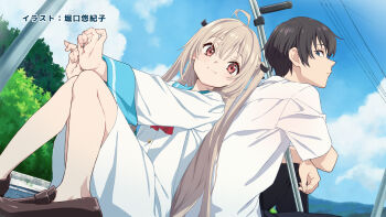 Rule 34 | 1boy, 1girl, ahoge, anime coloring, artist name, atri, atri-my dear moments-, back-to-back, black hair, blue eyes, blue sailor collar, blush, brown hair, closed mouth, cloud, day, dress, dutch angle, end card, eyelashes, foot out of frame, frown, guest art, hair between eyes, hand on own knee, highres, horiguchi yukiko, ikaruga natsuki, knees together feet apart, loafers, long hair, long sleeves, looking at viewer, looking back, looking to the side, neckerchief, no socks, outdoors, outstretched arms, profile, red eyes, red neckerchief, sailor collar, sailor dress, shirt, shoes, short hair, short sleeves, sideways glance, sitting, sky, smile, straight hair, tareme, tree, twintails, very long hair, white dress, white shirt, wide sleeves