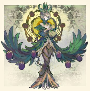 1girl arboliva bangle bracelet brown_hair character_name closed_eyes closed_mouth commentary detached_sleeves dress full_body gold_bracelet green_dress high_heels highres jewelry kantarou_(8kan) nintendo pokemon pokemon_(creature) shoes sleeveless sleeveless_dress smoliv solo standing white_shoes wide_sleeves