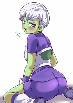 1girl absurdres alien armor ass blush boots breasts cheelai colored_skin commentary_request dragon_ball dragon_ball_super dragon_ball_super_broly flying_sweatdrops gloves green_skin highres looking_at_viewer looking_back medium_breasts open_mouth otyumamii pink_eyes pixie_cut purple_shirt purple_shorts purple_socks shirt short_hair shorts sitting socks solo wariza white_armor white_background white_boots white_gloves white_hair