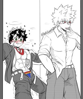 2boys abs absurdres aftersex aneclipseatdusk bakudeku bakugou_katsuki blush boku_no_hero_academia cum cum_in_mouth curly_hair green_eyes heart heart-shaped_pupils highres humming jacket messy_hair midoriya_izuku multiple_boys muscular necktie open_clothes open_shirt pants pectorals red_eyes room shaking spiked_hair symbol-shaped_pupils tongue tongue_out underwear untied_belt yaoi
