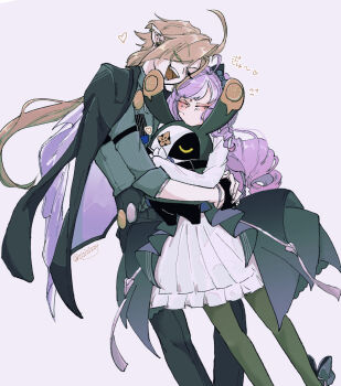 1boy 1girl :d =_= ahoge bangboo_(zenless_zone_zero) black_jacket black_pantyhose blonde_hair blush fang flying_sweatdrops highres hug hugo_vlad jacket jacket_on_shoulders no_mouth open_mouth pantyhose ponytail purple_hair robin_(zenless_zone_zero) simple_background smile vivian_banshee white_background zenless_zone_zero zizizizzy