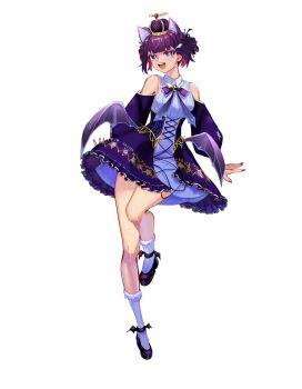 1girl :d animal_ears bat_ears bat_girl bat_wings blunt_bangs breasts bright_pupils brooch corset crown detached_sleeves dress frilled_dress frills full_body gothic_lolita hair_ornament highres idoloid jewelry kiyoko_(utau) lolita_fashion looking_at_viewer low_wings mcdid_studio medium_breasts mini_crown necktie non-web_source official_alternate_costume official_alternate_hairstyle official_art open_mouth purple_corset purple_dress purple_eyes purple_hair purple_necktie purple_shoes shoes short_hair simple_background sleeveless sleeveless_dress smile socks solo standing standing_on_one_leg tachi-e transparent_background utau white_pupils white_socks wing_hair_ornament winged_shoes wings