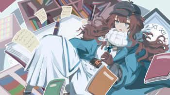 1girl :o absurdres autumn_(autumn_546) belt blue_coat blue_eyes blue_neckerchief book bookshelf brown_belt brown_gloves brown_hair coat dress feet_out_of_frame floating_hair gloves grey_hat hashtag-only_commentary hat highres knees_up long_dress long_hair marcus_(reverse:1999) neckerchief newsboy_cap open_mouth paper pen reverse:1999 roman_numeral scarf solo too_many too_many_books white_dress white_scarf