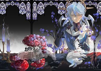 1boy belt blue_hair candle commentary english_commentary expressionless flower food fork fruit gloves grapes halo halo_behind_head head_wings highres holding honkai:_star_rail honkai_(series) hood hood_down jacket jewelry medium_hair pomegranate rabbit ring sir_hyuga sunday_(honkai:_star_rail) table vase window wings yellow_eyes