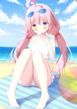 1girl absurdres ahoge ball bare_arms bare_legs bare_shoulders barefoot beach beachball bikini blue_archive blue_eyes blue_sky blush bow brown_eyes closed_mouth cloud collarbone commentary_request day eyewear_on_head frilled_bikini frills hair_between_eyes hair_bobbles hair_ornament hand_up heterochromia highres horizon hoshino_(blue_archive) hoshino_(swimsuit)_(blue_archive) knees_up long_hair looking_at_viewer low_twintails ocean outdoors pink_hair sand shiraame sitting sky solo sunglasses swimsuit twintails very_long_hair water white_bikini