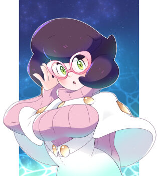 1girl :o aether_foundation big_hair blush breasts buttons capelet commentary glasses green_eyes highres long_sleeves looking_at_viewer nintendo pink-framed_eyewear pokemon pokemon_sm solo star_(sky) vergolophus water white_capelet wicke_(pokemon)