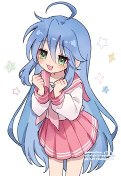 1girl :3 :d ahoge artist_name blush commentary cowboy_shot green_eyes hair_between_eyes hands_up highres izumi_konata long_hair long_sleeves lucky_star neckerchief open_mouth pink_neckerchief pleated_skirt red_sailor_collar red_skirt ryouou_school_uniform sailor_collar school_uniform serafuku shirt sidelocks simple_background skirt smile solo star_(symbol) symbol-only_commentary watermark white_background white_shirt yukomeow