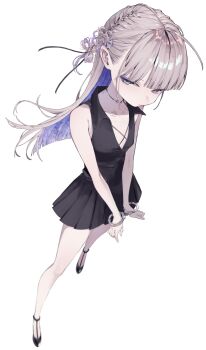 1girl bare_shoulders black_dress blue_hair blunt_bangs braid breasts colored_inner_hair commentary_request cuffs dress enomoto_nao expressionless eyeliner full_body grey_eyes grey_hair handcuffs highres long_hair looking_at_viewer makeup multicolored_hair original short_dress simple_background small_breasts solo white_background