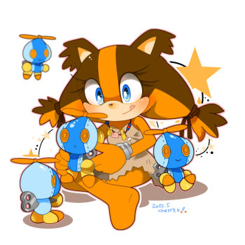 1girl animal_ears animal_nose artist_name barefoot blue_eyes blush body_fur brown_hair closed_mouth commentary dated full_body furry furry_female happy holding kusunoki_cherry long_hair looking_at_another looking_at_viewer multicolored_hair no_toes omochao orange_hair outline propeller robot sequential signature simple_background sitting smile sonic_(series) sonic_boom_(series) star_(symbol) sticks_the_badger tongue tongue_out two-tone_hair white_background winding_key