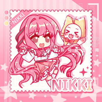 &gt;_&lt; 1girl absurdly_long_hair absurdres ahoge animal bare_shoulders belt berry_(xinjinjumin868478986919) black_belt black_bow black_ribbon blush_stickers bow bow_choker bowtie brown_eyes buttons cat character_name chibi chinese_commentary choker cloak clothed_animal color_guide commentary_request commission drop_shadow ear_covers eyelashes floating_hair frilled_shirt frilled_skirt frilled_sleeves frills hair_bow hair_intakes hair_ribbon happy highres hood hood_up hooded_cloak infinity_nikki kneehighs layered_skirt light_blush long_hair long_sleeves looking_ahead low_twintails medium_skirt momo_(nikki) nikki_(nikki) nikki_(series) off-shoulder_shirt off_shoulder open_mouth perfect_start_(infinity_nikki) pink_background pink_bow pink_choker pink_hair pink_ribbon pink_skirt pleated_skirt puffy_long_sleeves puffy_sleeves red_bow red_bowtie ribbon sample_watermark shirt single_stripe skirt sleeves_past_wrists smile snowflakes socks star_(symbol) star_symbol_background striped_background striped_choker traditional_bowtie tress_ribbon twintails two-tone_background vertical-striped_background very_long_hair viewfinder watermark wavy_hair whiskers white_background white_cat white_shirt white_skirt white_socks yellow_cloak