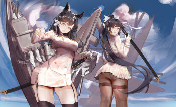 2girls absurdres ass atago_(azur_lane) azur_lane black_hair black_thighhighs bow breasts brown_eyes brown_pantyhose buttons commentary_request cowboy_shot double-breasted fang_ind gloves hair_flaps hand_on_hilt highres holding holding_sword holding_weapon large_breasts long_hair looking_at_viewer microskirt military_uniform multiple_girls panties pantyhose pleated_skirt revision ribbon rigging sheath sheathed skirt sword takao_(azur_lane) thighband_pantyhose thighhighs underwear very_long_hair weapon white_bow white_gloves white_panties white_ribbon white_skirt zettai_ryouiki