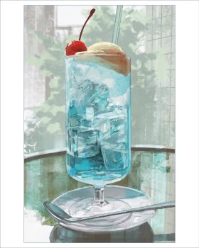 border cherry food fruit glass_table hashtag-only_commentary highres ice_cream ice_cream_float no_humans original saucer soda spoon still_life sunoji08 table white_border