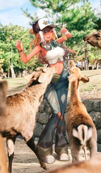 1girl ;d andromeda_(fate) andromeda_(over_the_same_sky)_(fate) animal baseball_cap blue_overalls bracelet breasts brown_hair commentary_request crop_top dark-skinned_female dark_skin day deer denim_overalls fate/grand_order fate_(series) food full_body game_cg green_eyes hair_bun halterneck hat headphones headphones_around_neck holding holding_food jewelry lack long_hair navel official_art one_eye_closed open_mouth outdoors overalls photo_background shirt shoes sleeveless sleeveless_shirt smile solo standing third-party_source white_shirt white_shoes