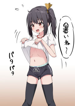 1girl :d absurdres black_hair black_shorts black_thighhighs bow bow_panties breasts brown_background brown_eyes clothes_lift collarbone commentary_request feet_out_of_frame flying_sweatdrops gradient_background green_panties highres lifting_own_clothes navel open_mouth original panties panties_under_shorts panty_peek shirt shirt_lift short_shorts short_sleeves shorts side_ponytail simple_background small_breasts smile solo speech_bubble takasuma_hiro thighhighs translation_request underwear white_shirt