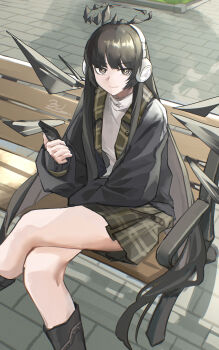 1girl absurdres angel arknights bench black_boots black_hair black_halo black_jacket boots cellphone crossed_legs halo headphones highres hime_cut holding holding_phone jacket knee_boots long_hair looking_at_viewer on_bench open_clothes open_jacket phone pleated_skirt signature skirt smartphone sweater thighs turtleneck turtleneck_sweater very_long_hair virtuosa_(arknights) white_sweater wings yagi000
