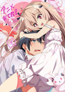 1boy 1girl :d :t ahoge atri atri-my_dear_moments- black_hair bloomers blue_eyes blush brown_hair commentary_request dress embarrassed feet_out_of_frame frilled_dress frilled_pillow frills frown hair_between_eyes hair_intakes happy heart heart_print hetero highres hug ikaruga_natsuki long_hair looking_at_another lying ma_yongqiao official_alternate_costume on_bed on_side one_eye_closed open_mouth pillow pink_pillow red_eyes short_hair sleeveless sleeveless_dress smile speech_bubble strap_slip stuffed_animal stuffed_crab stuffed_rabbit stuffed_toy sweatdrop teeth translated two_side_up underwear upper_body upper_teeth_only upturned_eyes v-shaped_eyebrows very_long_hair white_bloomers white_dress