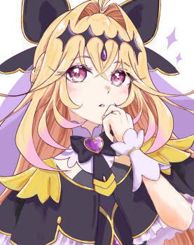 1girl absurdres black_bow black_capelet blonde_hair blush bow brooch capelet commentary crossed_bangs cure_arcana_shadow diamond_hairband dot_nose frilled_capelet frills hair_bow heart heart_brooch heart_in_eye highres jewelry long_hair looking_at_viewer magical_girl meitantei_precure! moria_luluka parted_lips precure purple_eyes purple_veil rumane_2020 simple_background solo symbol_in_eye upper_body veil white_background white_wrist_cuffs wrist_cuffs