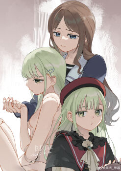Rule 34 | 3girls, absurdres, artist name, ascot, bang dream!, bang dream! it's mygo!!!!!, beret, black capelet, blue eyes, breasts, brown hair, capelet, closed mouth, commentary, dated, doll joints, dual persona, green eyes, green hair, hat, highres, holding hands, joints, long hair, long sleeves, looking at another, looking at viewer, mortis (bang dream!), mortis (costume) (bang dream!), mortis (persona) (bang dream!), multiple girls, nagasaki soyo, nude, rakuichi, red hat, school uniform, sidelocks, sitting, small breasts, tsukinomori school uniform, untranslatable commentary, wakaba mutsumi, watermark, weibo watermark, white ascot, yuri