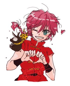 1girl bandana braid braided_ponytail breasts commentary_request green_eyes heart heart_hands lips n3349945 one_eye_closed pig ranma-chan ranma_1/2 red_hair smile yellow_bandana