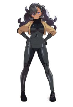 batta_16-sei black_bodysuit black_gloves bodysuit breasts brown_jacket covered_navel dark-skinned_female dark_skin emma_(pokemon) full_body gloves hands_on_own_hips highres jacket large_breasts looking_at_viewer nintendo open_clothes open_jacket pokemon pokemon_legends:_z-a pokemon_xy simple_background standing twintails white_background