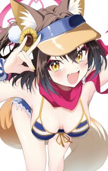 1girl animal_ear_fluff animal_ears arm_up bend bikini blue_archive blush breasts breasts_apart brown_hair denim denim_shorts flower fox_ears fox_girl fox_shadow_puppet fox_tail front-tie_bikini_top front-tie_top hair_flower hair_ornament halo highres izuna_(blue_archive) izuna_(swimsuit)_(blue_archive) looking_at_viewer medium_breasts official_alternate_costume open_mouth pineap000 pink_halo scarf short_hair shorts solo striped_bikini striped_clothes sunflower swimsuit tail visor_cap yellow_eyes yellow_nails