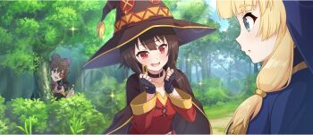 3girls arue_(konosuba) behind_tree belt belt_collar black_belt black_cape black_gloves black_hat blonde_hair blue_eyes blue_robe blue_sky blush bow brown_hair bush cape cecily_(konosuba) clenched_hands collar collarbone day diagonal-striped_clothes diagonal-striped_necktie dress drill_hair eyepatch fingerless_gloves game_cg gloves hair_bow hands_up hat hiding highres kono_subarashii_sekai_ni_shukufuku_wo! konosuba!_fantastic_days large_bow lens_flare megumin multiple_girls necktie nun official_art open_mouth pink_shirt profile purple_bow red_dress red_eyes robe shirt sideways_mouth sky small_sweatdrop smile sparkle striped_clothes third-party_source thumbs_up tree upper_body wide_brim witch_hat