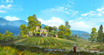 1other armor blue_sky cape cloud day farm fence field forest from_behind grass highres house landscape mountainous_horizon nature original painterly path red_cape refiend reflection reflective_liquid river road scenery signature sky standing tree vineyard water white_hair wooden_fence