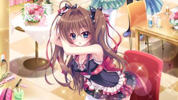 3girls adjusting_hair ahoge armpits asymmetrical_legwear bare_shoulders basket black_bow black_dress black_leggings black_skirt blue_eyes blue_footwear blue_skirt bottle bow breasts brown_hair chair cleavage curtains dot_nose dress dressing_room electrical_outlet film_grain flower game_cg gloves green_footwear green_skirt hair_bow hair_intakes hair_ribbon ichijou_ruka idol idol_clothes indoors izumi_tsubasu large_breasts leaning_forward leggings lens_flare looking_at_viewer makeup_brush miniskirt misaki_sango multiple_girls non-web_source official_art open_mouth pink_flower pink_rose plaid_clothes plaid_collar plaid_skirt plaid_trim plant plug potted_plant re:stage! red_flower red_ribbon red_rose ribbon rose round_table shikimiya_aone shoes short_dress showgirl_skirt skirt sleeveless sleeveless_dress solo_focus sparkle table tablecloth thighhighs tile_floor tiles two_side_up vanity_table water_bottle white_gloves white_leggings white_thighhighs wire wooden_table zettai_ryouiki