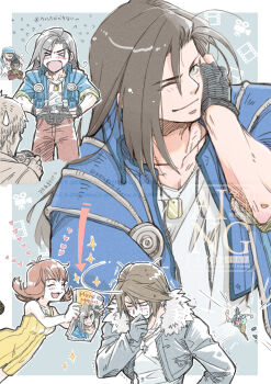 1girl 5boys 80850love_fu bandana bare_arms bare_shoulders black_gloves black_hair black_jacket blue_bandana blue_jacket blush border breasts brown_hair brown_pants camera closed_eyes commentary_request dark-skinned_male dark_skin dog_tags dress final_fantasy final_fantasy_viii fingerless_gloves flying_sweatdrops fur-trimmed_jacket fur_trim gloves green_eyes grey_background hair_between_eyes hand_to_own_mouth hands_on_own_hips highres holding holding_camera holding_magazine jacket jewelry kiros_seagill laguna_loire laughing long_hair magazine_(object) medium_breasts multiple_boys necklace one_eye_closed open_mouth overalls pants parted_bangs photographer scar scar_on_face scar_on_forehead selphie_tilmitt shirt short_dress short_hair smile squall_leonhart sweatdrop ward_zabac white_border white_shirt yellow_dress yellow_overalls