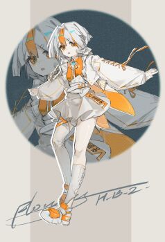 1other asymmetrical_legwear belt chinese_commentary commentary_request cross-laced_clothes cross-laced_sleeves highres long_sleeves miniskirt mismatched_legwear multicolored_hair orange_eyes orange_hair original outstretched_arms parted_lips personification puffy_long_sleeves puffy_sleeves reference_inset shirt shoes short_hair signature skirt sneakers socks solo spread_arms streaked_hair thighhighs user_cynu3544 white_belt white_hair white_shirt white_skirt white_socks zoom_layer