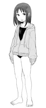 1girl absurdres azumanga_daiou bare_legs barefoot ben-day_dots commentary_request competition_school_swimsuit ero_kingdom_ceo feet full_body greyscale highres hood hoodie kasuga_ayumu long_sleeves looking_at_viewer medium_hair monochrome open_mouth partially_unzipped school_swimsuit screentones simple_background sleeves_past_wrists smile solo standing swimsuit toenails toes zipper_pull_tab
