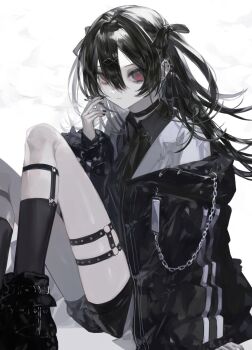1girl barbell_piercing black_boots black_bow black_choker black_hair black_nails boots bow chain choker cigarette ear_piercing fingernails hair_between_eyes hair_ornament highres holding holding_cigarette industrial_piercing kneehighs leg_belt legwear_garter long_hair looking_at_viewer nail_polish null1040 original pale_skin paperclip piercing red_eyes simple_background smoking socks solo spike_piercing