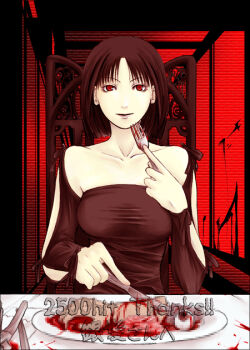 1girl blood bob_cut breasts brown_dress brown_hair cannibalism censored collarbone commentary_request dress eyeball fork guro holding holding_fork holding_knife knife looking_at_viewer medium_breasts milestone_celebration mosaic_censoring mr.romance open_mouth original plate red_background red_eyes severed_arm severed_limb short_hair smile solo strapless strapless_dress upper_body