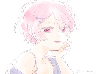 Rule 34 | 1girl, arm up, bare shoulders, collarbone, commentary request, hair between eyes, hair ornament, hand on own head, leaning forward, long sleeves, looking at viewer, off-shoulder shirt, off shoulder, open mouth, pink eyes, pink hair, ram (re:zero), re:zero kara hajimeru isekai seikatsu, shirt, short hair, smile, solo, strap, tukemono6