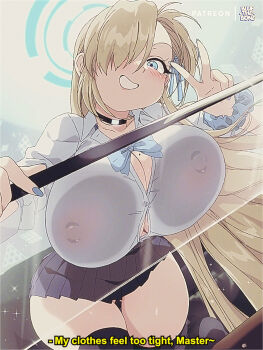 1990s_(style) 1girl against_glass artist_logo artist_name asuna_(blue_archive) asuna_(school_uniform)_(blue_archive) backlighting blonde_hair blue_archive blue_eyes blue_nails bluethebone blush breast_press breasts breasts_on_glass bursting_breasts button_gap choker cleavage covered_erect_nipples curvy english_text gluteal_fold hair_over_one_eye halo highres huge_breasts logo long_hair looking_at_viewer miniskirt mole mole_on_breast nail_polish no_bra retro_artstyle school_uniform scrunchie see-through_clothes skirt smile solo subtitled sweat thigh_gap undersized_clothes wrist_scrunchie