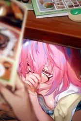 1boy 1girl animated breasts censored downblouse exhibitionism fate/grand_order fate_(series) fellatio glasses handjob harutoshi hetero highres long_hair mash_kyrielight medium_breasts nipples oral penis pink_hair public_indecency small_breasts sound stealth_sex two-handed_handjob under_table video