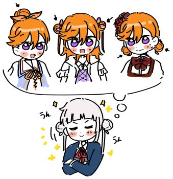 &gt;:) 2girls :d arashi_chisato arrow_(symbol) blue_jacket blunt_bangs brown_hair closed_eyes closed_mouth commentary_request double_bun hair_bun highres jacket long_sleeves love_live! love_live!_superstar!! multiple_girls multiple_views neck_ribbon open_clothes open_jacket open_mouth orange_hair purple_eyes red_ribbon ribbon school_uniform shibuya_kanon shimikuma single_hair_bun single_sidelock smile sparkle speech_bubble split_mouth thought_bubble u_u v-shaped_eyebrows white_hair yuigaoka_school_uniform