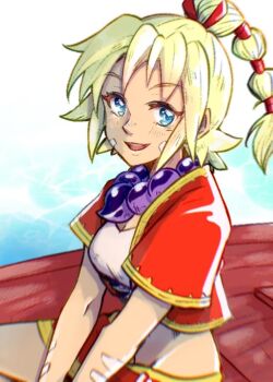 1girl arm_markings bead_necklace beads blonde_hair blue_eyes boat breasts chrono_cross cleavage commentary_request crop_top cropped_jacket facial_mark gold_trim hair_ribbon jacket jewelry kid_(chrono_cross) light_blush long_hair looking_at_viewer medium_breasts midriff miniskirt multi-tied_hair naekam necklace on_boat open_mouth ponytail red_jacket red_ribbon red_skirt ribbon shirt short_sleeves sitting skirt smile solo v_arms watercraft white_shirt