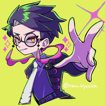 1boy arm_up belt belt_buckle black-framed_eyewear black_hair buckle coat collared_shirt commentary_request corbeau_(pokemon) cropped_legs diamond_(shape) glasses highres kyouka._(kyouka) lapels layered_sleeves long_sleeves male_focus necktie nintendo orange_eyes parted_hair pokemon pokemon_legends:_z-a purple_shirt round_eyewear shirt shirt_tucked_in short_hair smile solo tassel twitter_username white_necktie wing_collar yellow_background