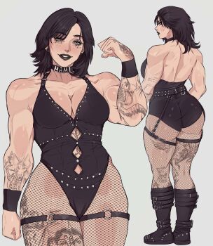 1girl arm_tattoo ass bare_back black_choker black_hair black_leotard black_lips black_shoes boot_straps boots breasts choker commentary earrings english_commentary facial_tattoo finger_tattoo fishnets goth_fashion green_eyes hand_tattoo highres huge_ass jewelry large_breasts leather_leotard leg_tattoo leotard lips lipstick makeup medium_hair muscular muscular_female real_life rhea_ripley shoes stomach_tattoo tattoo thick_thighs thigh_strap thighs wrestler wrestling_boots wrestling_outfit wristband wwe yoracrab