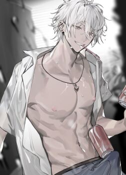 1boy abs aohitsugi_samatoki bare_pectorals blue_male_underwear blurry blurry_background bulge can collarbone collared_shirt drink_can ear_piercing earrings erection erection_under_clothes grin hair_between_eyes heart holding holding_can hypnosis_mic jewelry looking_at_viewer male_focus male_underwear mouth_hold navel necklace nipples open_clothes open_shirt pants pectorals pendant piercing red_eyes shirt short_hair short_sleeves shuiyiyaogong smile soda_can solo sweat teeth teeth_hold toned toned_male toothbrush toothbrush_in_mouth underwear wet wet_hair white_hair white_shirt