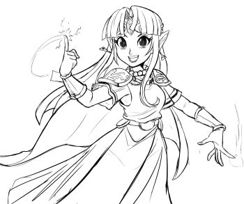 armor cape circlet dress earrings highres jewelry long_hair looking_at_viewer magic nintendo pauldrons pointy_ears princess_zelda shoulder_armor sketch straight_bangs teevo the_legend_of_zelda triforce wrist_cuffs