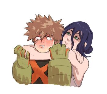 1boy 1girl asphyxiation bakugou_katsuki black_bodysuit bodysuit boku_no_hero_academia brown_hair chainsaw_man choke_hold closed_mouth facial_scar gloves green_eyes green_gloves hair_between_eyes hair_bun light_blush piver.psd purple_hair red_eyes reze_(chainsaw_man) rolling_eyes scar scar_on_cheek scar_on_face shirt sleeveless sleeveless_shirt smile spiked_hair strangling sweat tearing_up white_background