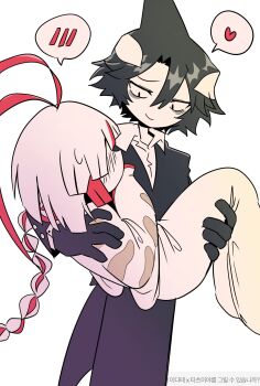 Rule 34 | 1boy, 1girl, antennae, bags under eyes, black gloves, black hair, black suit, braid, carrying, carrying person, closed mouth, collared shirt, colored skin, commentary, formal clothes, funamusea, gloves, heart, highres, idate (funamusea), japanese clothes, kimono, korean text, looking at another, mian (mian eee), multicolored hair, oounabara to wadanohara, orca boy, red hair, shirt, short hair, simple background, speech bubble, spoken blush, spoken heart, star (symbol), streaked hair, suit, symbol-only commentary, tatsumiya (funamusea), white background, white hair, white kimono, white shirt, white skin