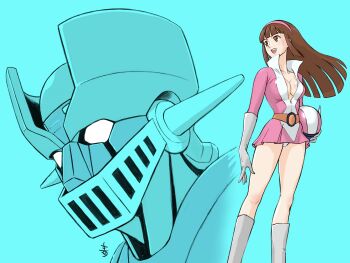 Rule 34 | 1girl, aobito sukoyaka bystander, blue background, blunt bangs, blunt ends, boots, breasts, brown hair, cleavage, commentary request, dress, elbow gloves, feet out of frame, full body, gloves, hairband, helmet, highres, holding, holding unworn helmet, knee boots, long hair, looking to the side, low neckline, mazinger (series), mazinger z, mazinger z (mecha), mecha, mecha focus, mecha pilot suit, medium breasts, microdress, open mouth, panties, pantyshot, pink dress, pink hairband, portrait, robot, smile, standing, super robot, underwear, unworn headwear, unworn helmet, upskirt, white boots, white gloves, white panties, yumi sayaka