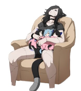 4girls :o absurdres aged_down animal_ear_fluff animal_ears artist_self-insert baby bags_under_eyes black_hair blue_hair cat_ears cat_tail chair commentary daydarion easy_chair elira_pendora english_commentary hair_over_one_eye highres hololive hololive_english mole mole_under_eye multiple_girls nerissa_ravencroft nijisanji nijisanji_en on_chair onesie original parted_lips shirt shorts simple_background sleeping stitched_arm stitched_face stitched_leg stitches t-shirt tail virtual_youtuber white_background