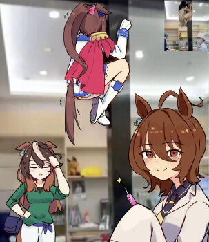 3girls absurdres agnes_tachyon_(tach-nology)_(umamusume) agnes_tachyon_(umamusume) ahoge animal_ears brown_hair closed_eyes commentary english_commentary glasses green_shirt hair_between_eyes highres holding holding_syringe horse_ears horse_girl horse_tail lab_coat long_hair long_sleeves looking_at_viewer medium_hair multicolored_hair multiple_girls necktie official_alternate_costume ponytail red_eyes shirt sleeves_past_fingers sleeves_past_wrists smile symboli_rudolf_(casual)_(umamusume) symboli_rudolf_(umamusume) syringe tail tokai_teio_(peak_joy)_(umamusume) tokai_teio_(umamusume) ukichan22905846 umamusume white_hair