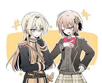 2girls absurdres artist_request ashigaya_high_school_uniform belt black_belt black_gloves black_jacket blonde_hair blue_eyes bow bowtie brown_hair chinese_commentary closed_mouth collared_shirt commentary_request commission cosplay costume_switch epaulettes gloves grey_sweater_vest hand_on_own_hip hand_up hasumi_leia hasumi_leia_(cosplay) highres jacket long_hair long_sleeves looking_at_another mahou_shoujo_no_majo_saiban multiple_girls one_eye_closed open_mouth ouzuka_mai ouzuka_mai_(cosplay) plaid_clothes plaid_skirt pleated_skirt red_bow red_bowtie sash school_uniform second-party_source shirt short_hair shoulder_sash skirt smile standing sweater_vest watashi_ga_koibito_ni_nareru_wake_naijan_murimuri! yellow_eyes